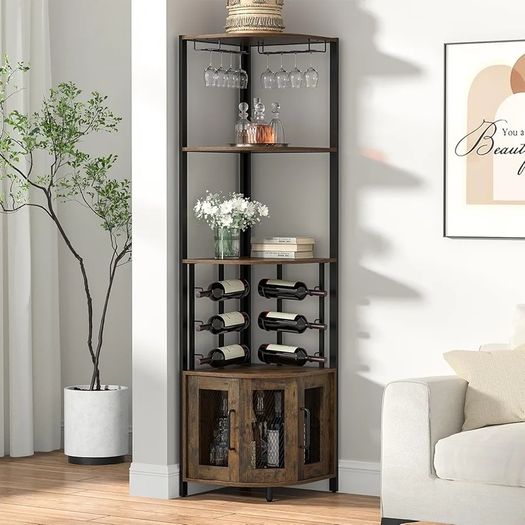 Corner Bar Cabinet with Glass Holder, 4 Tier Liquor Wine Cabinet with Metal Mesh Doors, Buffet Cabinet Wine Rack Cabinet with Anti-tip Kit for Home Coffee Bar Liquor and Wine Storage
