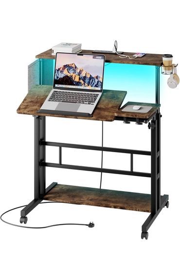 Standing Desk with Power Outlets & Strip Lights, Height Adjustable