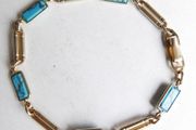 Vintage Turquoise Gold Plated Bracelet Anklet  - Gemstone Jewelry , Birthstone , Blue Stone 7,5" - 5,45g