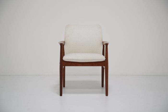 Vintage Danish Teak and White Boucle Armchair by Grete Jalk, 1960s.