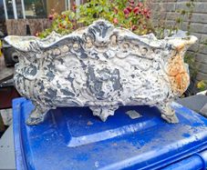 Very Large Heavy Antique French Cast Iron Outdoor Planter, featuring ornate Rococo or Louis XV style decorations, organic scrolls, and swags Luxury Flower Holder of its time