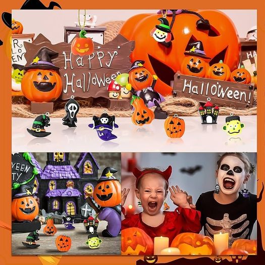 36 Pieces Mini Halloween resin charm pendant, Tiny Halloween tree decorations Mini Resin Halloween Ornaments with Golden Rope for DIY Festive Decoration Handcrafts