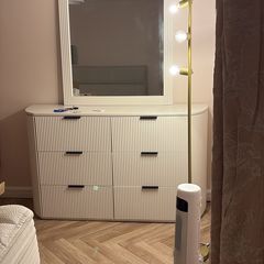 Bedroom chest of drawers, lockers x 2 and mirror