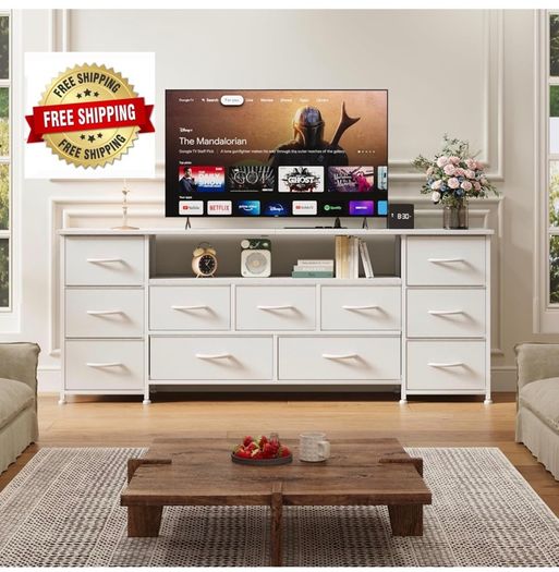 Tv Cabinet, Dresser for Bedroom with 11 Fabric Drawers, TV Stand with Power Socket for TVs up to 70 inch TV Units for Living Room, Bedroom, White