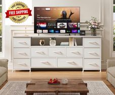 Tv Cabinet, Dresser for Bedroom with 11 Fabric Drawers, TV Stand with Power Socket for TVs up to 70 inch TV Units for Living Room, Bedroom, White