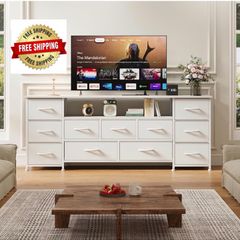 Tv Cabinet, Dresser for Bedroom with 11 Fabric Drawers, TV Stand with Power Socket for TVs up to 70 inch TV Units for Living Room, Bedroom, White