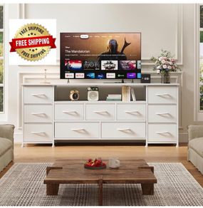 Tv Cabinet, Dresser for Bedroom with 11 Fabric Drawers, TV Stand with Power Socket for TVs up to 70 inch TV Units for Living Room, Bedroom, White