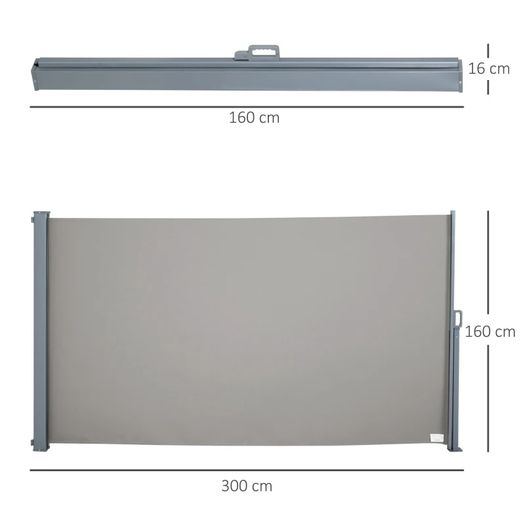 Retractable Side Awning, Garden Privacy Screen Divider, Full Cassette Wind Breaker for Hot Tub, Balcony, Terrace, Pool, 300 x 160 cm, Grey
