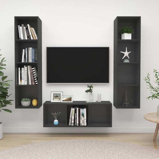 3 Piece TV Cabinet Set Grey Chipboard