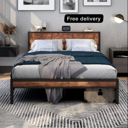 King Size Bed Frame with Storage Wooden Headboard, Metal Bed Frame Kingsize Bed Base/Mattress Foundation, Enhanced Support Noise Free, Textured Black+Brown Oak