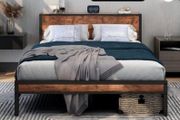 King Size Bed Frame with Storage Wooden Headboard, Metal Bed Frame Kingsize Bed Base/Mattress Foundation, Enhanced Support Noise Free, Textured Black+Brown Oak