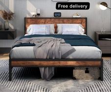 King Size Bed Frame with Storage Wooden Headboard, Metal Bed Frame Kingsize Bed Base/Mattress Foundation, Enhanced Support Noise Free, Textured Black+Brown Oak