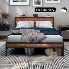 King Size Bed Frame with Storage Wooden Headboard, Metal Bed Frame Kingsize Bed Base/Mattress Foundation, Enhanced Support Noise Free, Textured Black+Brown Oak