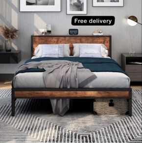 King Size Bed Frame with Storage Wooden Headboard, Metal Bed Frame Kingsize Bed Base/Mattress Foundation, Enhanced Support Noise Free, Textured Black+Brown Oak