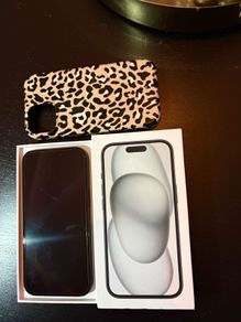 Apple iPhone 15 in black 128 gb with BURGA case and screen protector