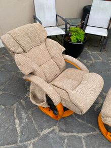 Comfortable Beige Fabric Swivel Recliner Chair & Matching Footstool / Footrest