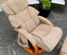 Comfortable Beige Fabric Swivel Recliner Chair & Matching Footstool / Footrest