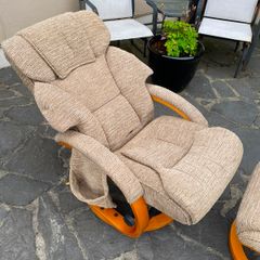 Comfortable Beige Fabric Swivel Recliner Chair & Matching Footstool / Footrest