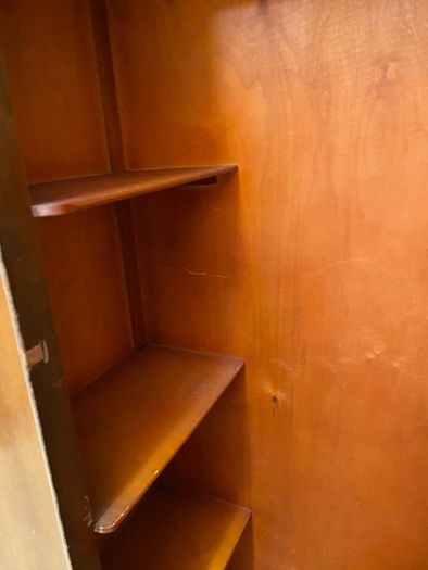Mid century dressing table, ladies wardrobe, gents wardrobe and double bed.