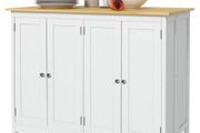 Kitchen island serving cart with 2 stools foldable worktop 2 cabinets with 4 doors modern design white
