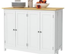 Kitchen island serving cart with 2 stools foldable worktop 2 cabinets with 4 doors modern design white