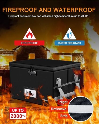 File Box with Lock,Fireproof Document Box with Handle and Zipper,Collapsible File Organiser,Home Office Fire Safe Storage Filing Box for A4 Suspension File Folder