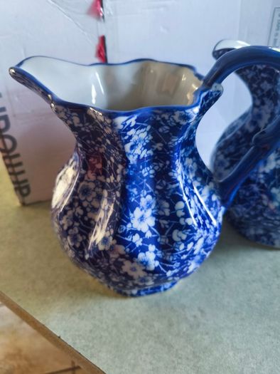 Set of 2 Victoria Ware Ironstone Pitcher, Calico Blue & White Floral flower transfer ware. each 80.00 Euro each or the set of 2 for  150.00 euro Made in England, in very good condition .