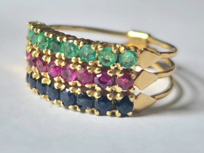14ct Gold Sapphire, Ruby And Emerald, Harem Ring. High Quality Precious Stones.