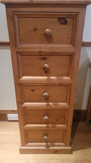 Vintage Handmade Waxed Pine Tall Boy 5 Drawer Unit