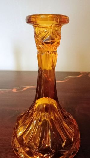 Pair of Vintage Amber Glass Candlestick Holder with Cut Glass Design.