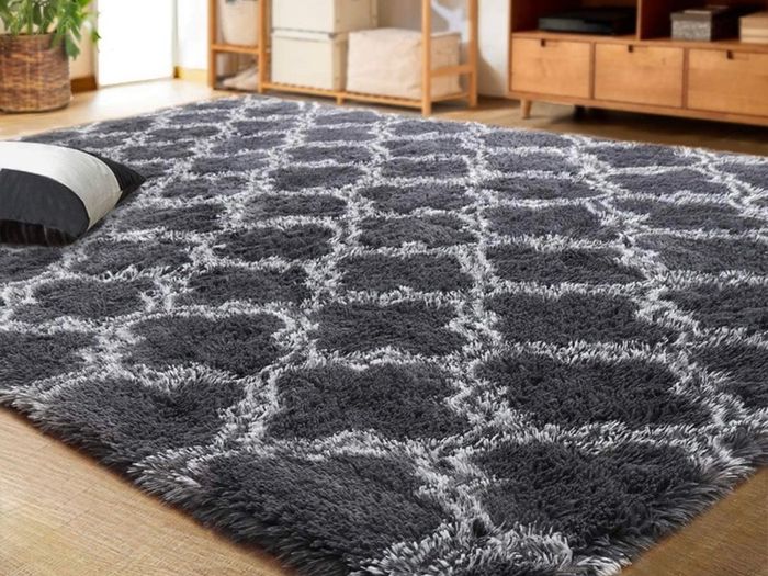 Luxury Velvet Shag Area Rug Modern Indoor Plush Fluffy Rugs, Extra Soft and Comfy Carpet, Geometric Moroccan Rugs for Bedroom Living Room Girls Kids Nursery, 5x8 Feet Dark Grey/White MULTIPLE COLOURS AVAILABLE (FREE POSTAGE)