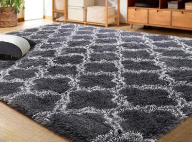 Luxury Velvet Shag Area Rug Modern Indoor Plush Fluffy Rugs, Extra Soft and Comfy Carpet, Geometric Moroccan Rugs for Bedroom Living Room Girls Kids Nursery, 5x8 Feet Dark Grey/White MULTIPLE COLOURS AVAILABLE (FREE POSTAGE)