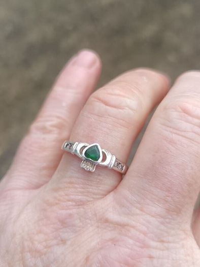 Emerald and CZ Sterling Silver Claddagh Ring