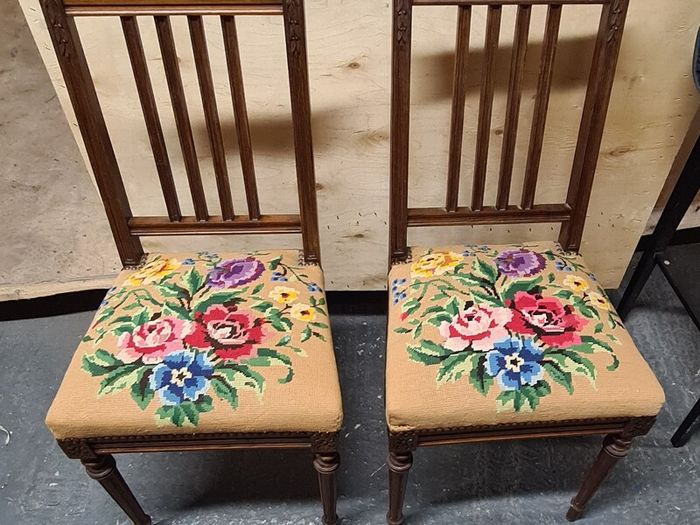 Pair of Vintage Wooden Dining Chairs with Tapestry Upholstery