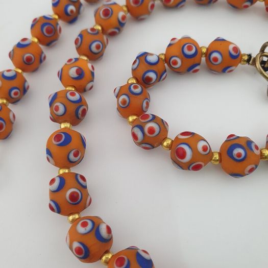 Antique Venetian Style Skunk Eyes Orange Glass Beads Necklace