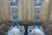 Vintage pressed blue glass candlesticks c1940