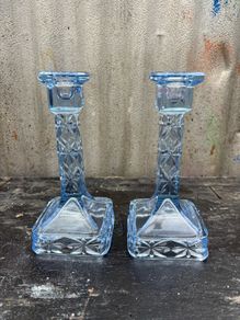 Vintage pressed blue glass candlesticks c1940