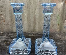 Vintage pressed blue glass candlesticks c1940