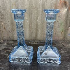 Vintage pressed blue glass candlesticks c1940