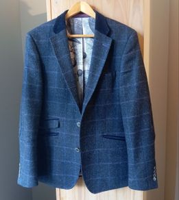 HERBIE FROGG Mens Tweed Blazer Blue Check Abraham Moon Wool Jacket 40R Velvet