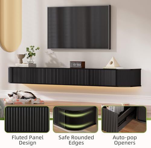 Floating TV Stand Unit with RGB LED Light - 180CM Wall Mounted TV Cabinet with Upgraded Storage & Rounded Edges, Modern TV Media Console for 65-75 Inch TVs
