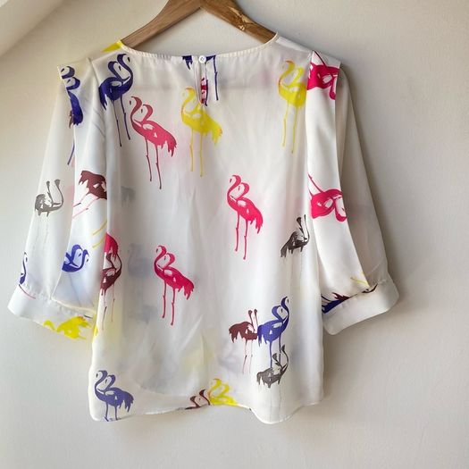 Anonyme Designers White Flamingo Print Blouse 3/4 Sleeves