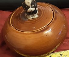 brown lidded bowl with dog on lid