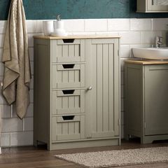 Priano Bathroom Cupboard 4 Drawer 1 Door Floor Standing Cabinet, Grey, Unit Storage Wood