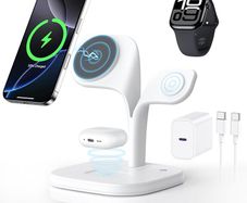 3 in 1 Wireless Charging Station for Apple Devices, MagSafe Wireless Charger Magnetic Charging for iPhone 17/Air/16/15/14/13/12 Series, AirPods Pro 4/3/2,Apple Watch Series/Ultra (with 20W PD Charger)