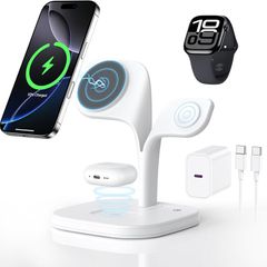 3 in 1 Wireless Charging Station for Apple Devices, MagSafe Wireless Charger Magnetic Charging for iPhone 17/Air/16/15/14/13/12 Series, AirPods Pro 4/3/2,Apple Watch Series/Ultra (with 20W PD Charger)