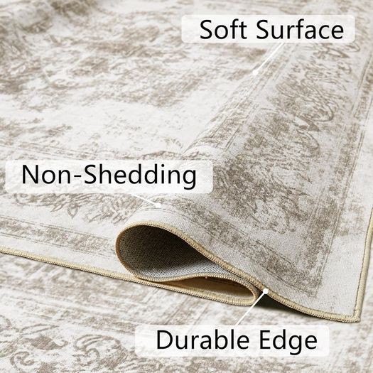 Vintage Beige Rugs Living Room Washable Non Slip Large Area Rug 240x300cm Bedroom Kitchen Hall Lounge Office Dining Room Indoor Carpet Low Pile Big Carpets