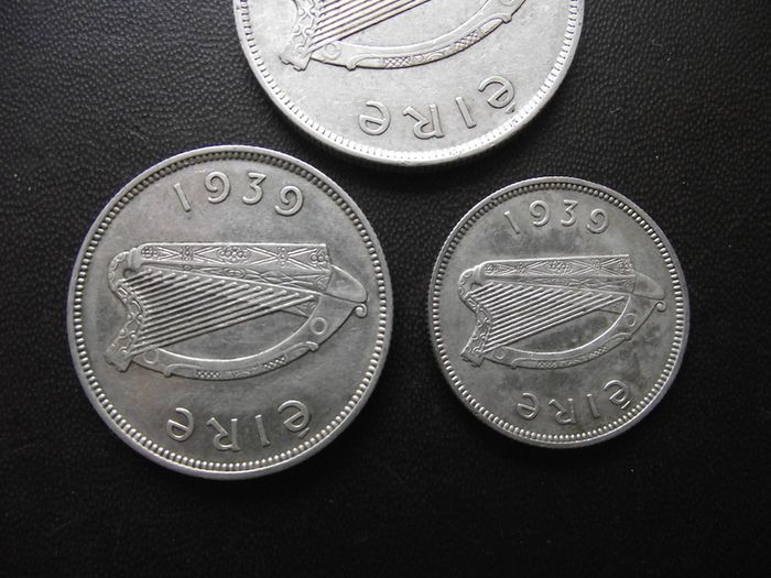 1939 Irish Republic. Set of 3 Silver Coins: Half Crown&Florin&Shilling