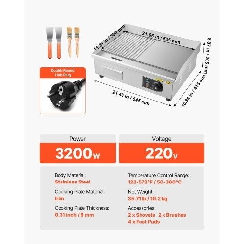 Commercial Electric Griddle, 535 x 300 mm, 3200W, 50-300C Adjustable Temp Control, Stainless Steel Body, Half Grooved Half Flat, with 2 Spatulas, 2 Brushes, and 4 Foot Pads, for Steak, Pancake