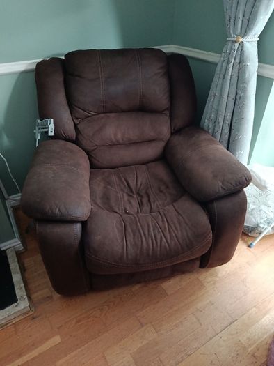Brown fabric reclining sofa and armchair